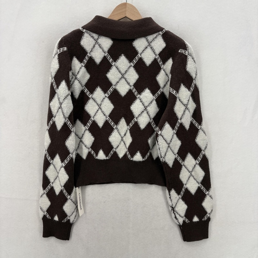 COMMENSE Sweater Womens Medium Brown Argyle Collared Knit Pullover Preppy Polo - Picture 11 of 12